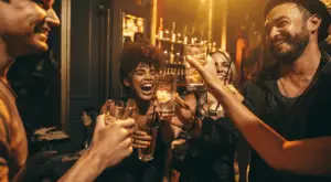 Eine lebhafte Gruppe von Freunden, lachend und unterhaltsam, während sie auf einer aufregenden Pub Crawl Tour durch die belebten Straßen einer Stadt unterwegs sind. Die Gruppe ist in verschiedenen Bars und Pubs und Clubs zu sehen, wo sie in fröhlicher Stimmung verschiedene Getränke probieren und die einzigartige Atmosphäre jeder Location genießen. Die bunten Lichter der Bars leuchten in der Nacht, und die Teilnehmer tauschen fröhliche Gespräche und Toasts aus, während sie die lokale Bar-Szene erkunden. Ein unvergessliches Abenteuer, das Freundschaften schmiedet und die Nacht in lebendige Erinnerungen verwandelt. Junggesellenabschied | JGA | Junggesellinnenabschied