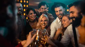 Eine lebhafte Gruppe von Freunden, lachend und unterhaltsam, während sie auf einer aufregenden Pub Crawl Tour durch die belebten Straßen einer Stadt unterwegs sind. Die Gruppe ist in verschiedenen Bars und Pubs und Clubs zu sehen, wo sie in fröhlicher Stimmung verschiedene Getränke probieren und die einzigartige Atmosphäre jeder Location genießen. Die bunten Lichter der Bars leuchten in der Nacht, und die Teilnehmer tauschen fröhliche Gespräche und Toasts aus, während sie die lokale Bar-Szene erkunden. Ein unvergessliches Abenteuer, das Freundschaften schmiedet und die Nacht in lebendige Erinnerungen verwandelt. Junggesellenabschied | JGA | Junggesellinnenabschied