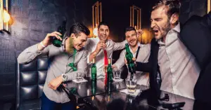 Eine lebhafte Gruppe von Freunden, lachend und unterhaltsam, während sie auf einer aufregenden Pub Crawl Tour durch die belebten Straßen einer Stadt unterwegs sind. Die Gruppe ist in verschiedenen Bars und Pubs und Clubs zu sehen, wo sie in fröhlicher Stimmung verschiedene Getränke probieren und die einzigartige Atmosphäre jeder Location genießen. Die bunten Lichter der Bars leuchten in der Nacht, und die Teilnehmer tauschen fröhliche Gespräche und Toasts aus, während sie die lokale Bar-Szene erkunden. Ein unvergessliches Abenteuer, das Freundschaften schmiedet und die Nacht in lebendige Erinnerungen verwandelt. Junggesellenabschied | JGA